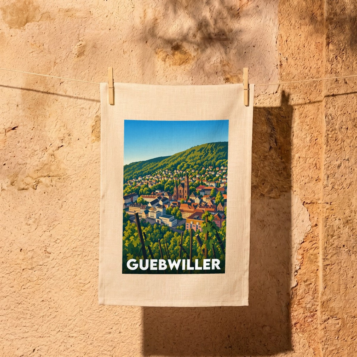 Torchon souvenir de la ville de Guebwiller orné d'une illustration stylisée et colorée de la commune alsacienne.