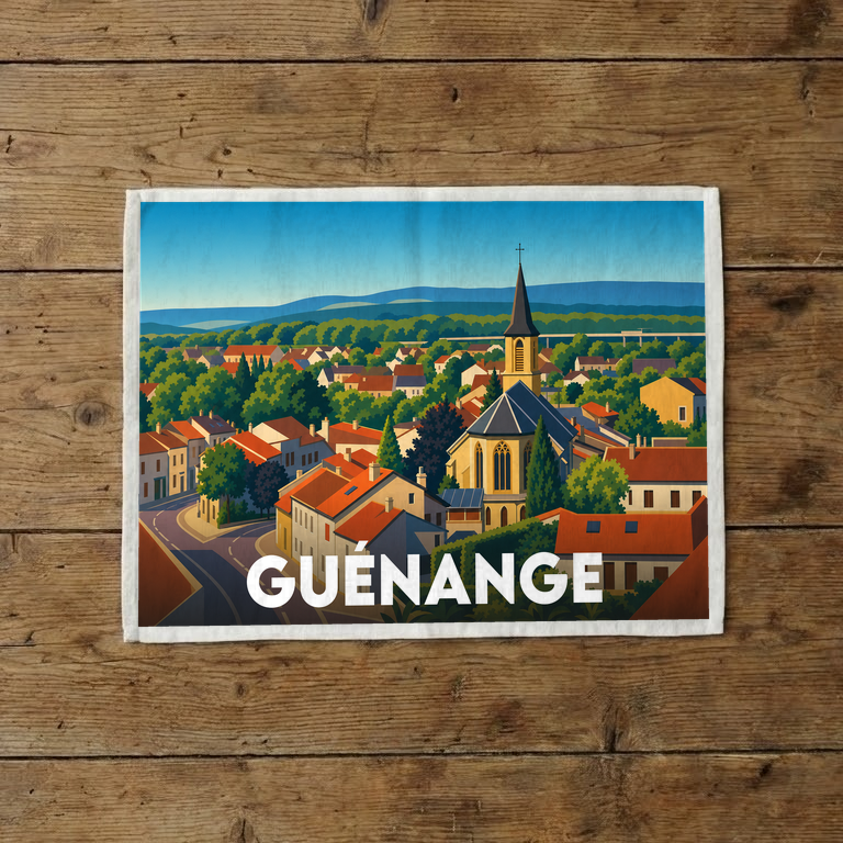 Torchon souvenir de la ville de Guénange avec une illustration stylisée.