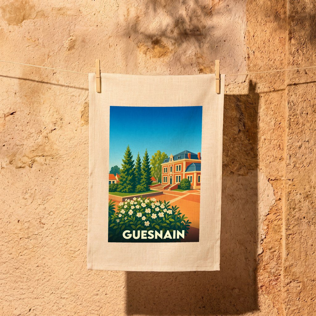 Torchon souvenir de la ville de Guesnain avec une illustration stylisée de son hôtel de ville.