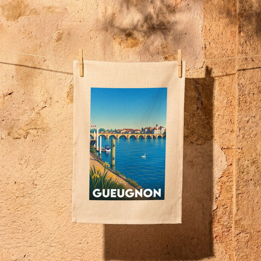Torchon souvenir de la ville de Gueugnon avec une illustration stylisée des bords de l'Arroux.