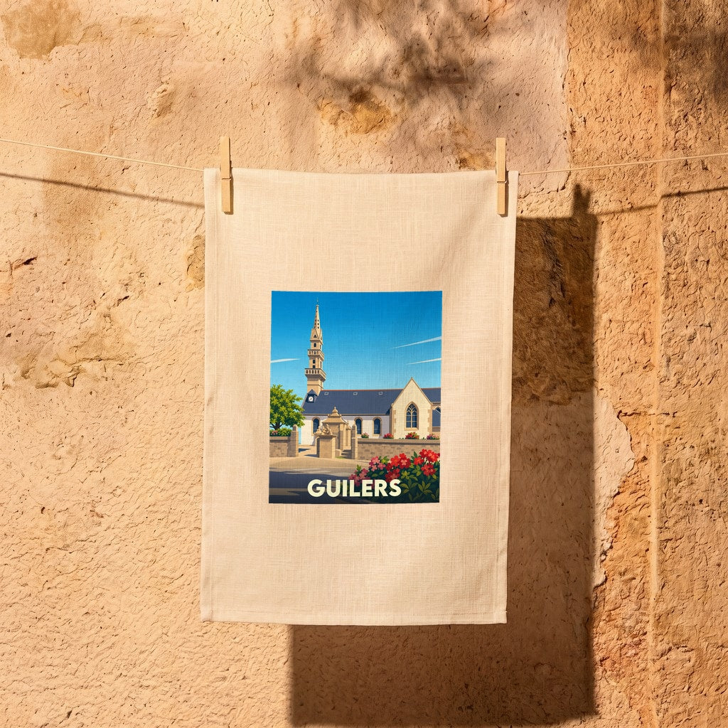 Torchon souvenir de la ville de Guilers avec une illustration stylisée de son église.