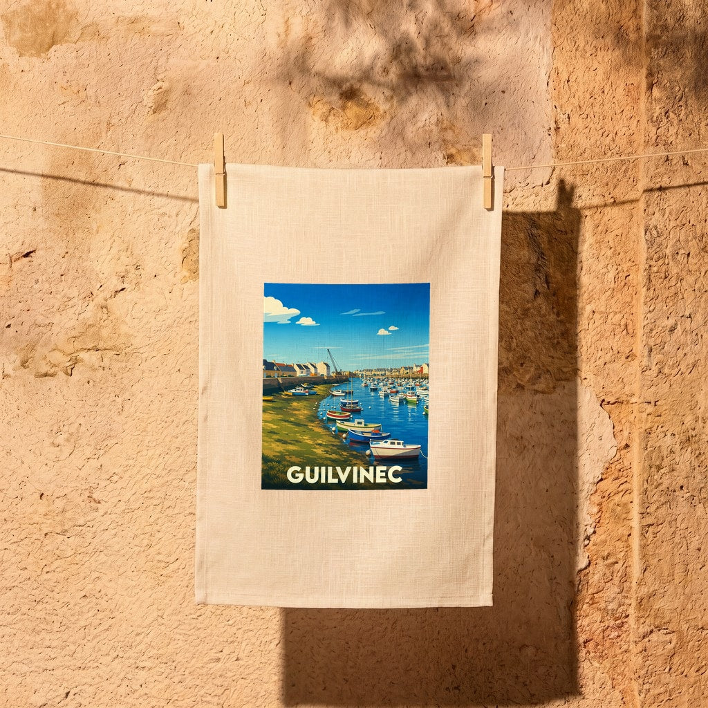 Torchon souvenir de la ville de Guilvinec avec une illustration stylisée de son port.