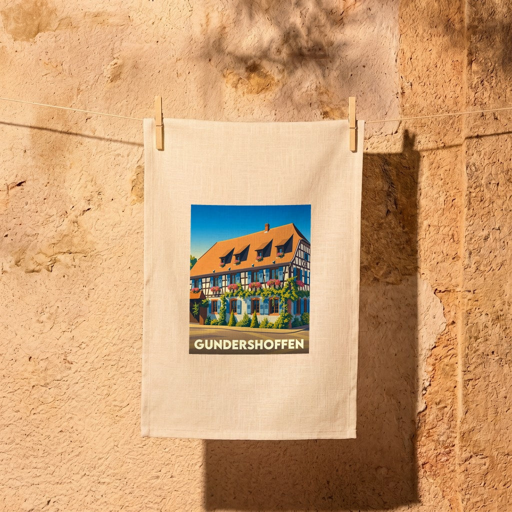 Torchon souvenir de la ville de Gundershoffen avec une illustration stylisée d'une maison alsacienne typique.