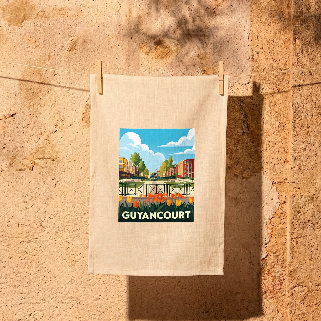Torchon souvenir de la ville de Guyancourt avec une illustration stylisée et colorée.