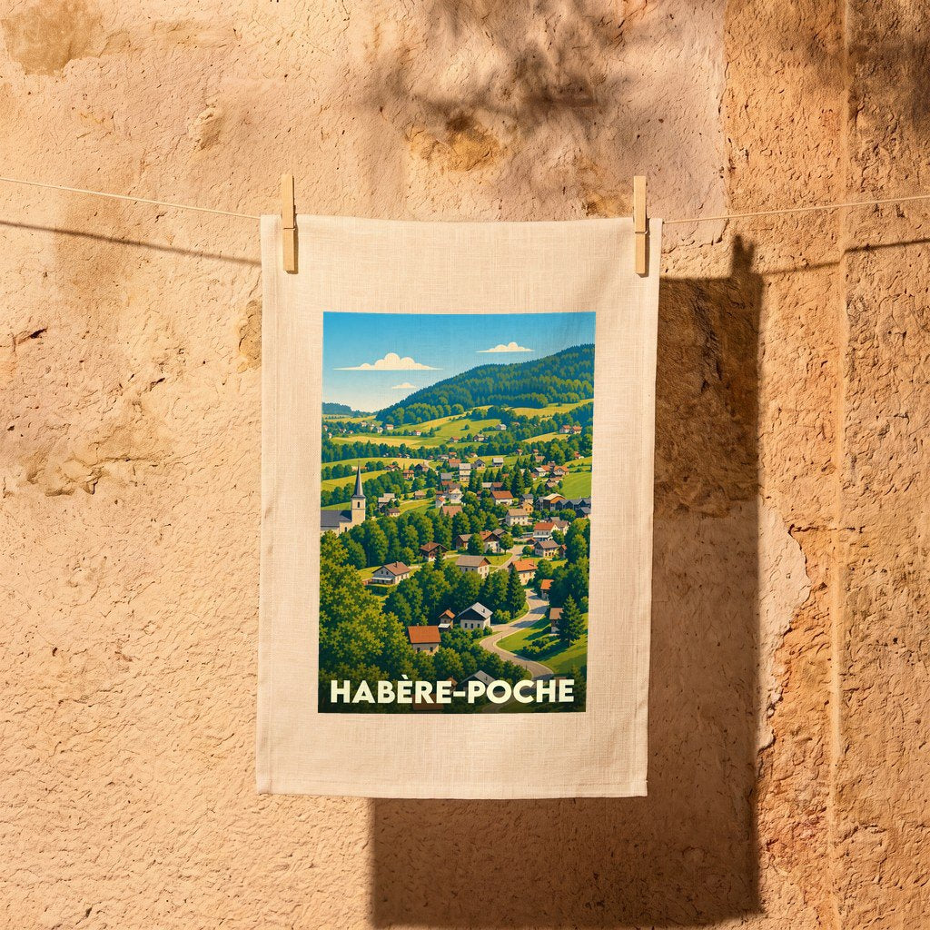 Torchon souvenir de la ville de Habère-Poche avec une illustration stylisée d'un paysage montagneux.