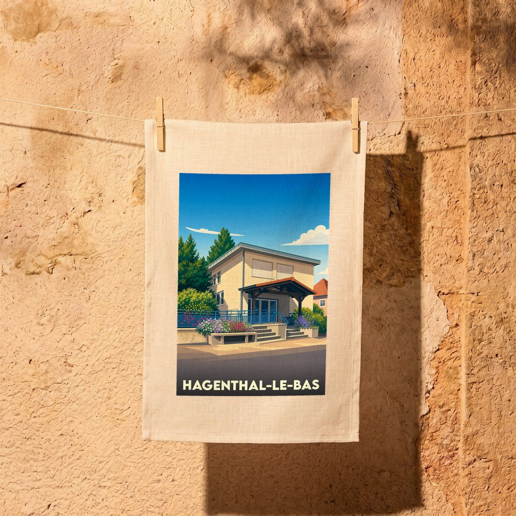 Torchon souvenir de la ville de Hagenthal-le-Bas avec une illustration stylisée.