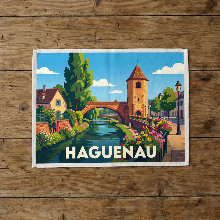 Torchon souvenir de la ville de Haguenau avec une illustration stylisée d'un canal et d'une tour médiévale.
