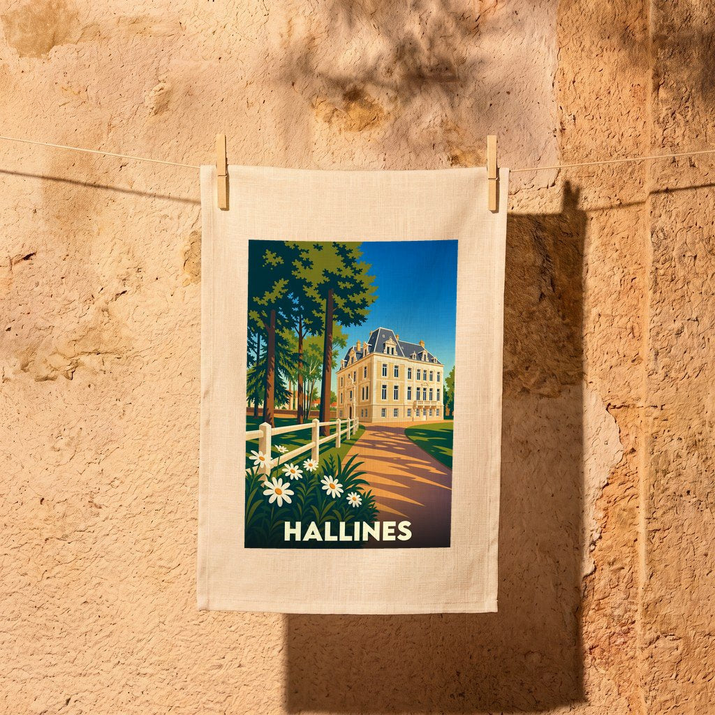 Torchon souvenir de la ville de Hallines avec une illustration stylisée de son château.