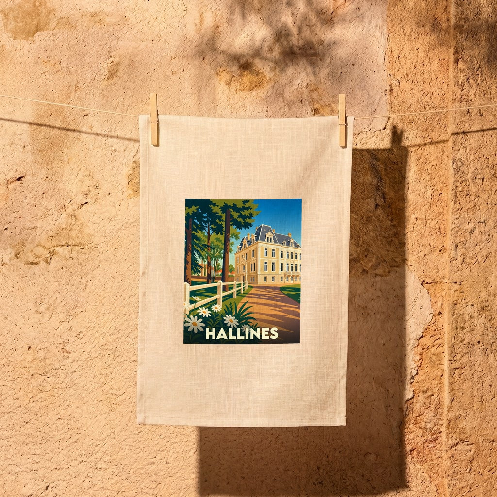 Torchon souvenir de la ville de Hallines avec une illustration stylisée de son château.