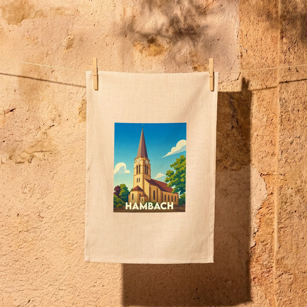 Torchon souvenir de la ville de Hambach avec une illustration stylisée de son église sous un ciel bleu.