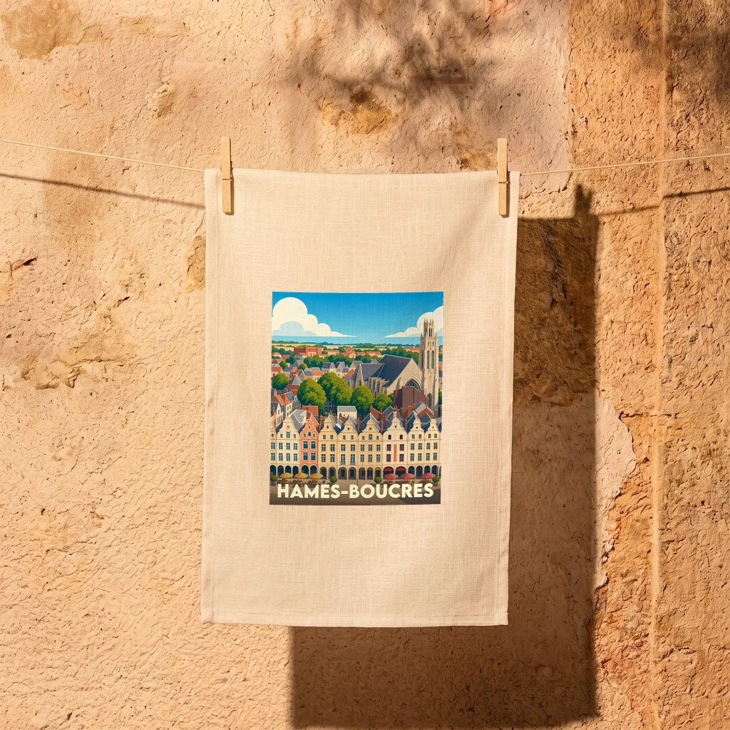 Torchon souvenir de la ville de Hames-Boucres avec une illustration stylisée.