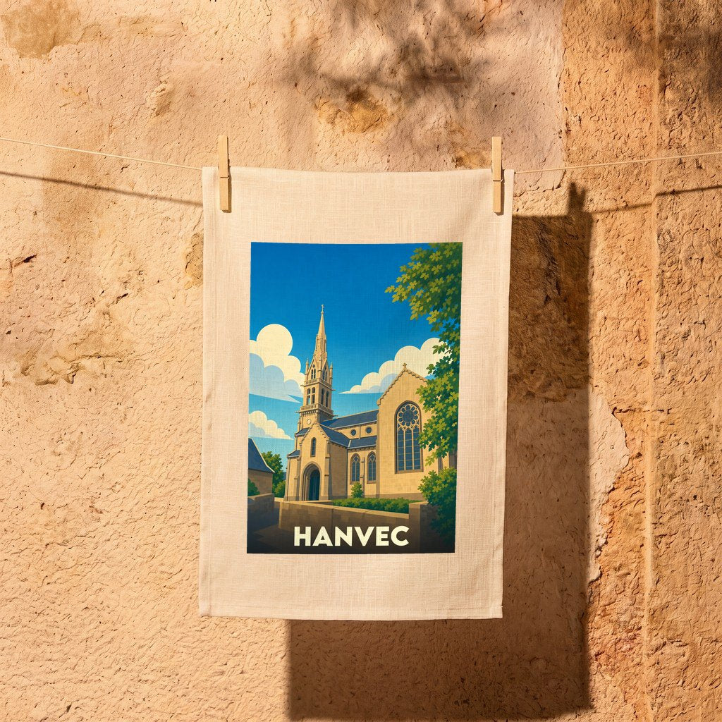 Torchon souvenir de la ville de Hanvec avec une illustration stylisée de son église.