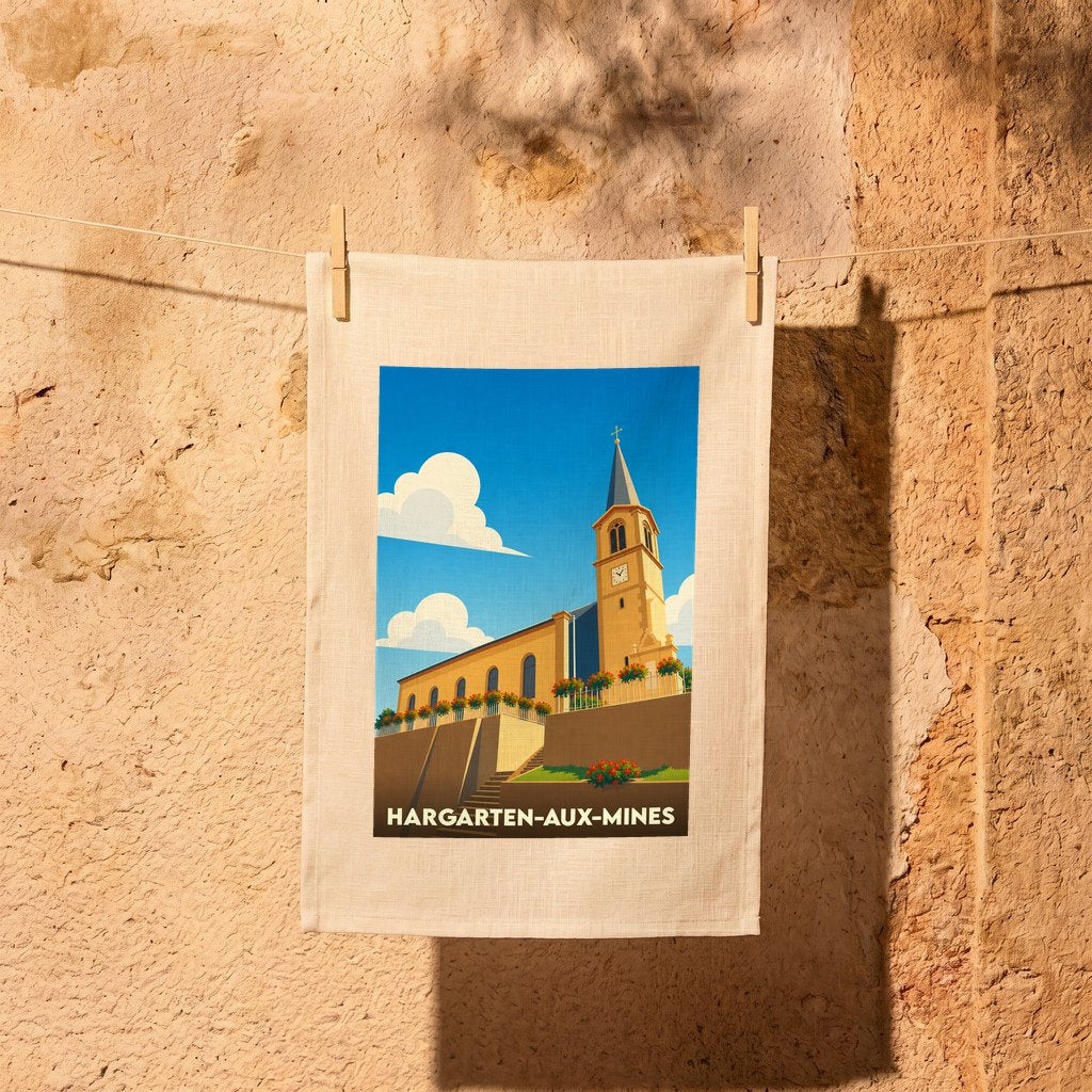 Torchon souvenir de la ville de Hargarten-aux-Mines avec une illustration stylisée de son église.