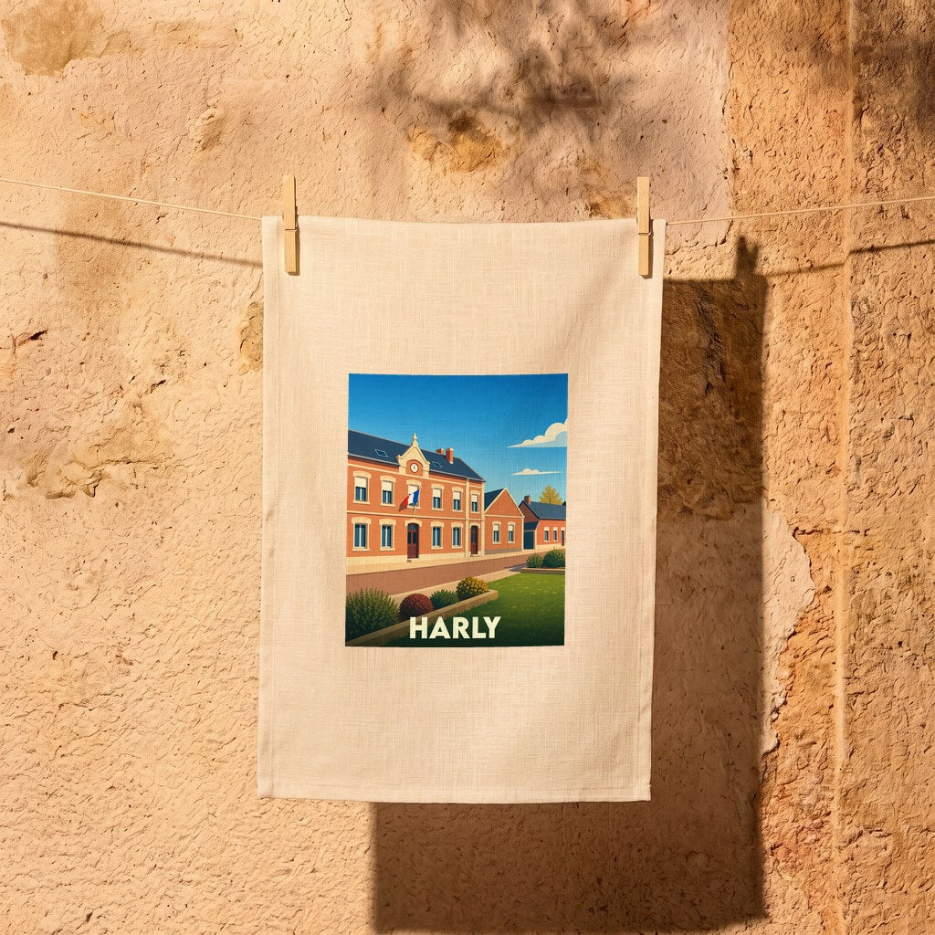 Torchon souvenir de la ville de Harly orné d'une illustration stylisée de sa mairie.