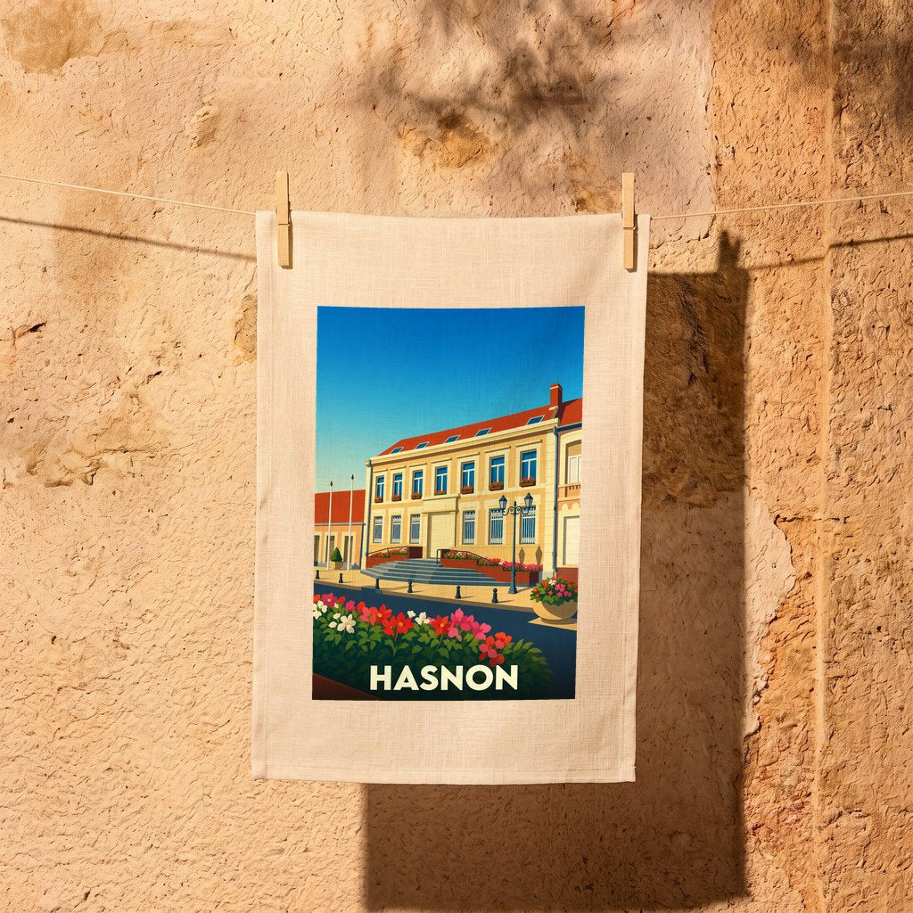 Torchon souvenir de la ville de Hasnon avec une illustration stylisée d'un bâtiment emblématique.