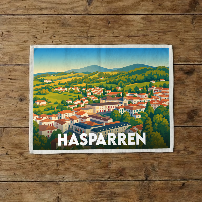 Torchon souvenir de la ville de Hasparren avec une illustration stylisée de son paysage vallonné.