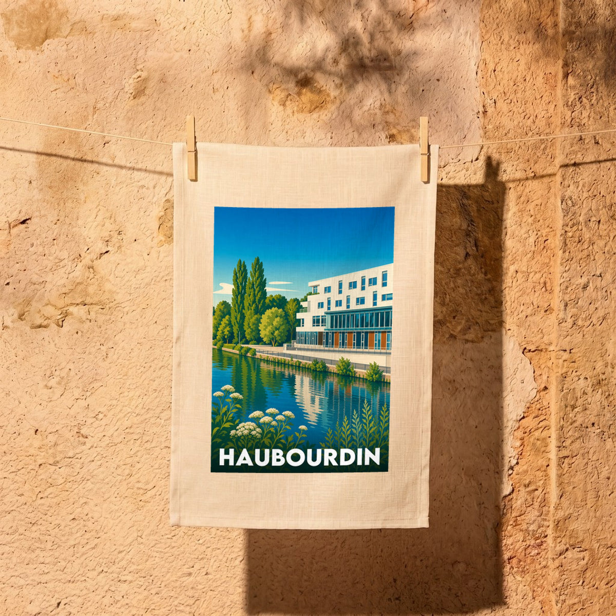 Torchon souvenir de la ville de Haubourdin avec une illustration stylisée d'un bâtiment moderne au bord de l'eau.