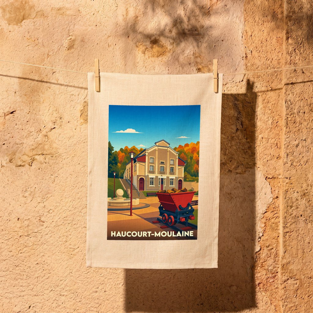 Torchon souvenir de la ville de Haucourt-Moulaine avec une illustration stylisée d'un bâtiment historique et d'un wagonnet de mine.