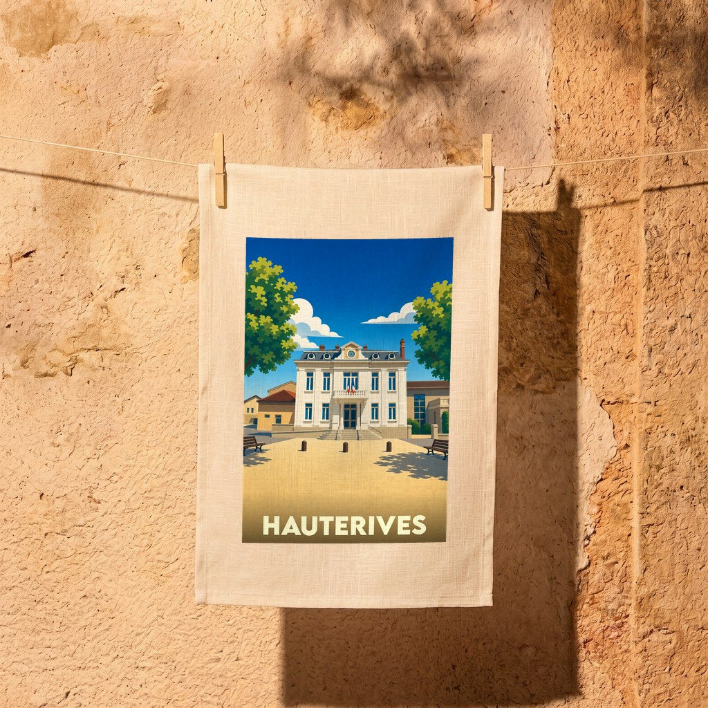 Torchon souvenir de la ville de Hauterives avec une illustration stylisée de son hôtel de ville.