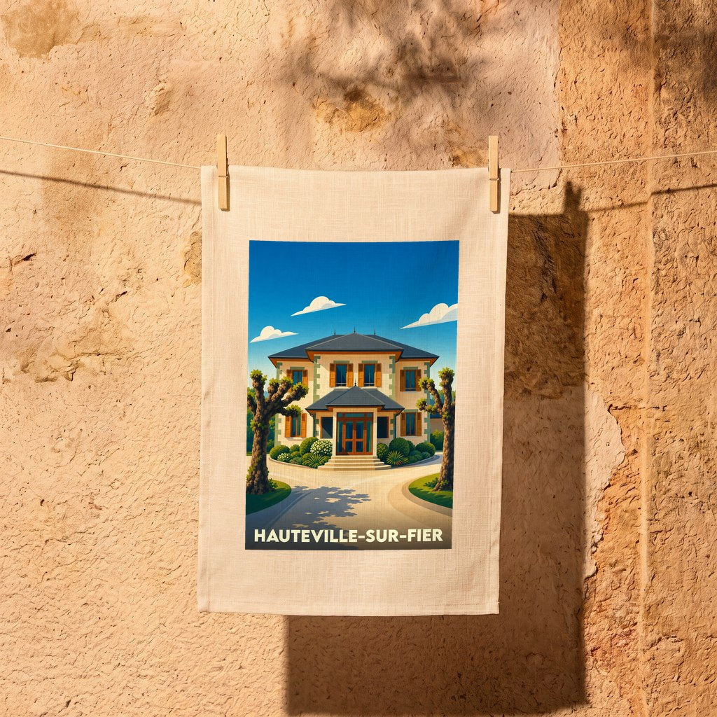 Torchon souvenir de la ville de Hauteville-sur-Fier avec une illustration stylisée d'une maison de maître.