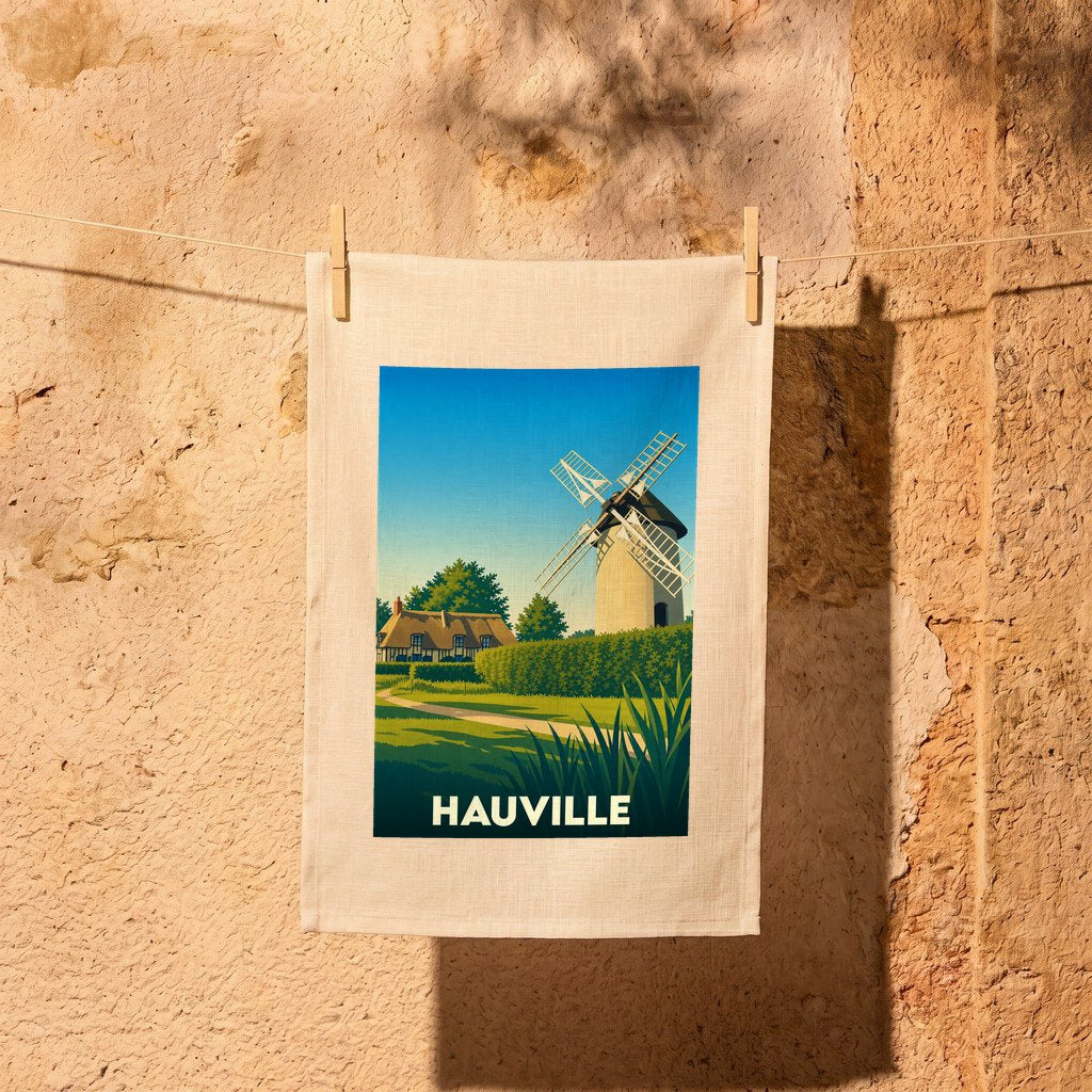 Torchon souvenir de la ville de Hauville avec une illustration stylisée d'un moulin et d'une chaumière.