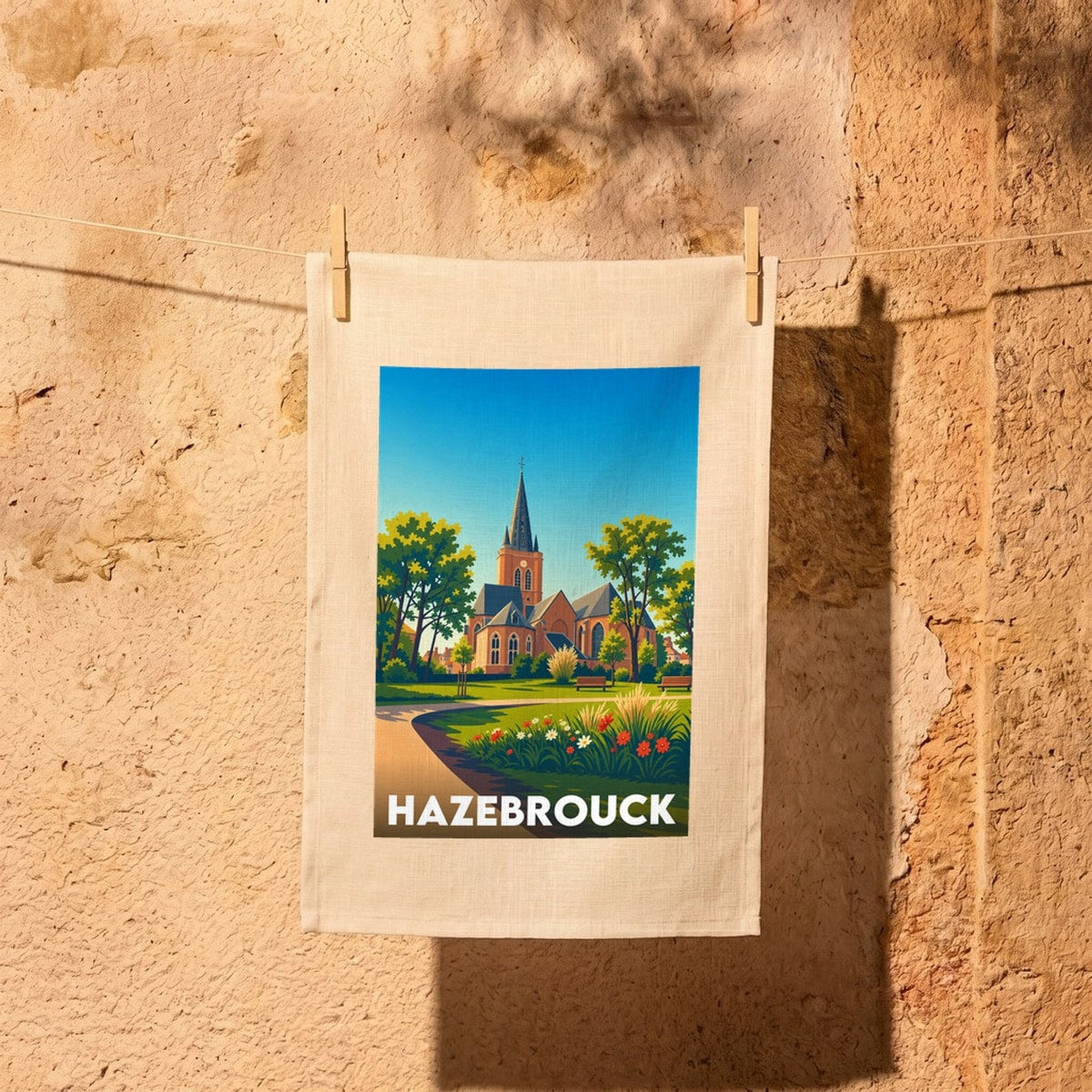 Torchon souvenir de la ville de Hazebrouck avec une illustration stylisée.