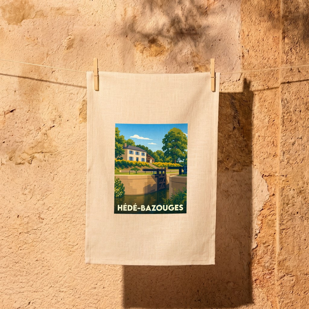 Torchon souvenir de la ville de Hédé-Bazouges avec une illustration stylisée représentant un canal et ses écluses.