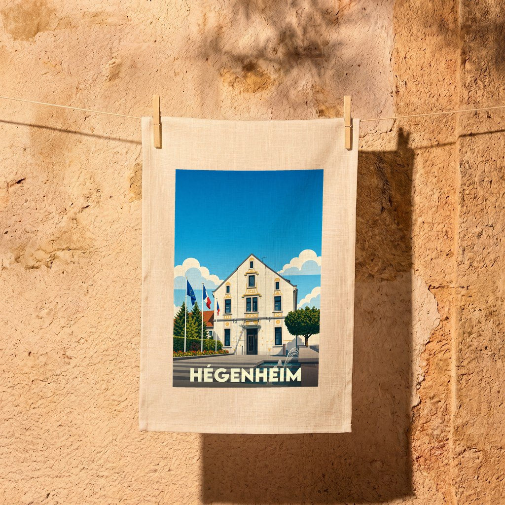 Torchon souvenir de la ville de Hégenheim avec une illustration stylisée de sa mairie.