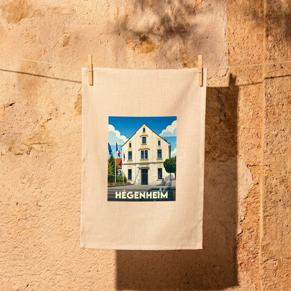 Torchon souvenir de la ville de Hégenheim avec une illustration stylisée de sa mairie.