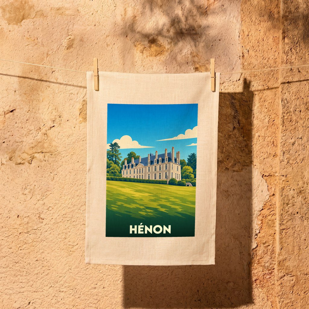 Torchon souvenir de la ville de Hénon avec une illustration stylisée d'un château.