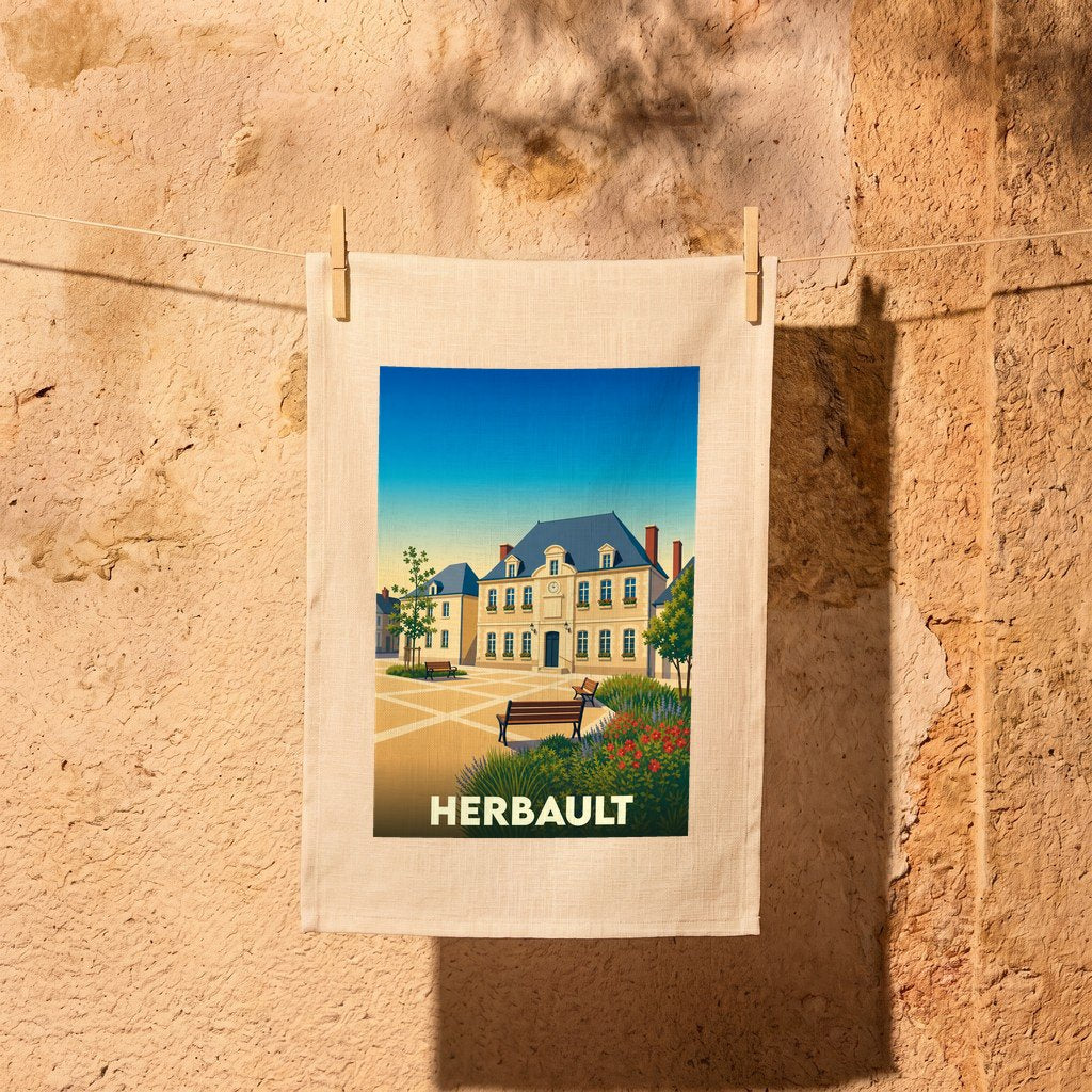 Torchon souvenir de la ville d'Herbault avec une illustration stylisée de sa place principale.