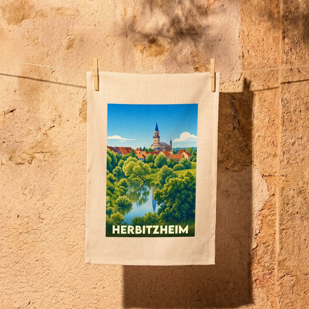 Torchon souvenir de la ville de Herbitzheim avec une illustration stylisée de son paysage et de son église.