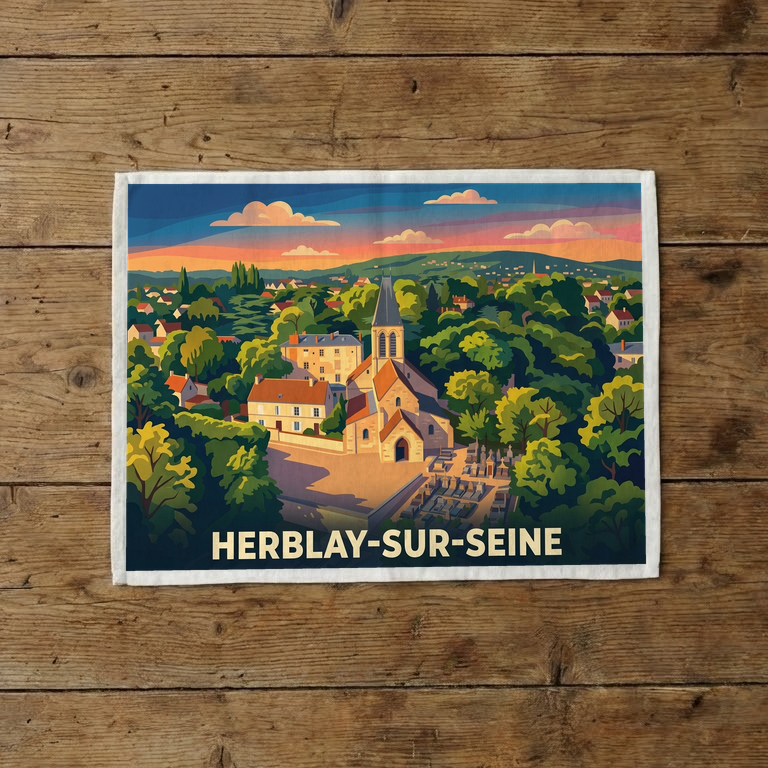 Torchon souvenir de la ville de Herblay-sur-Seine avec une illustration stylisée du village.