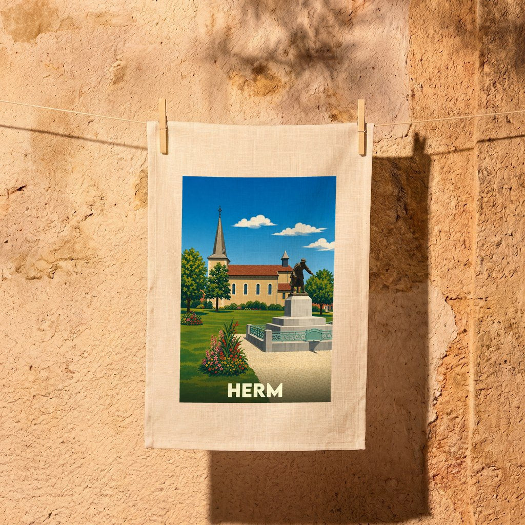 Torchon souvenir de la ville de Herm avec une illustration stylisée de son église et de sa place.