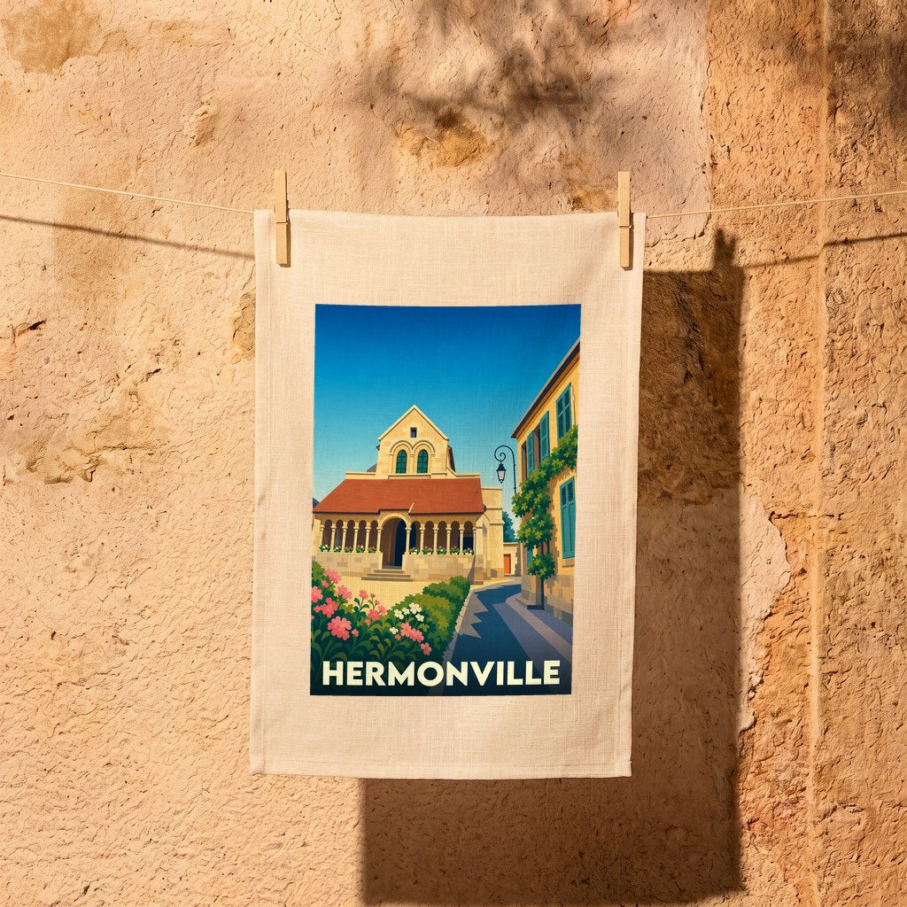 Torchon souvenir de la ville de Hermonville avec une illustration stylisée.