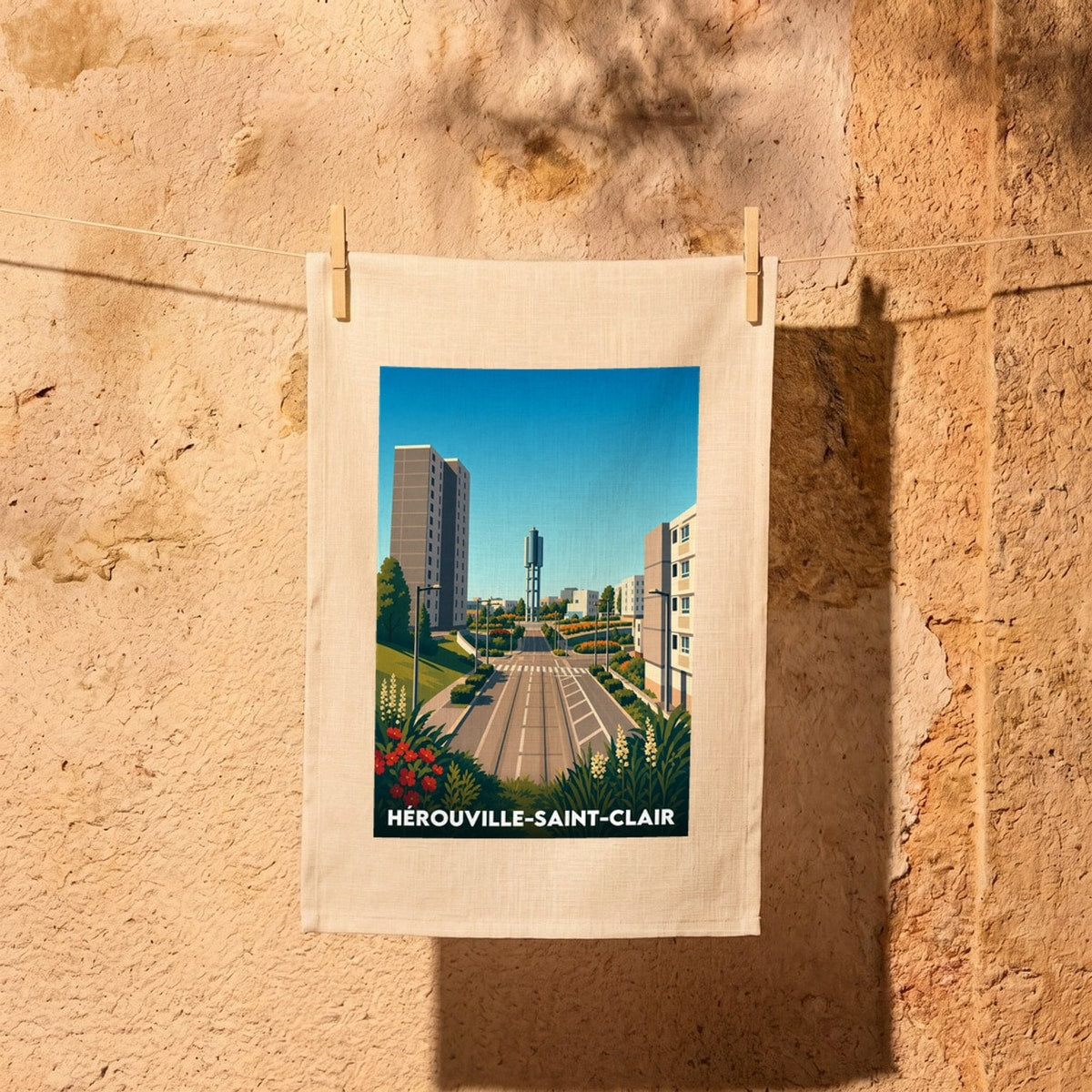 Torchon souvenir de la ville de Hérouville-Saint-Clair avec une illustration stylisée.
