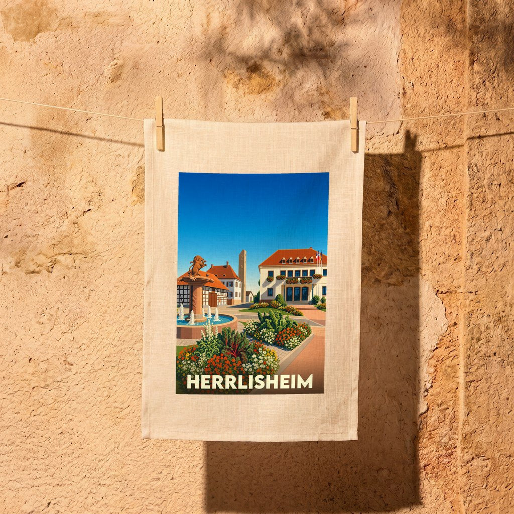 Torchon souvenir de la ville de Herrlisheim avec une illustration stylisée.