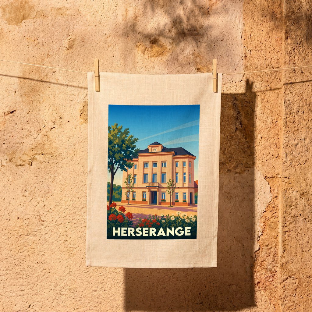 Torchon souvenir de la ville de Herserange orné d'une illustration stylisée de l'hôtel de ville.