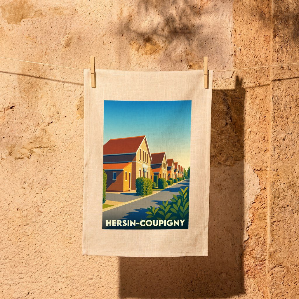 Torchon souvenir de la ville de Hersin-Coupigny avec une illustration stylisée de ses corons.