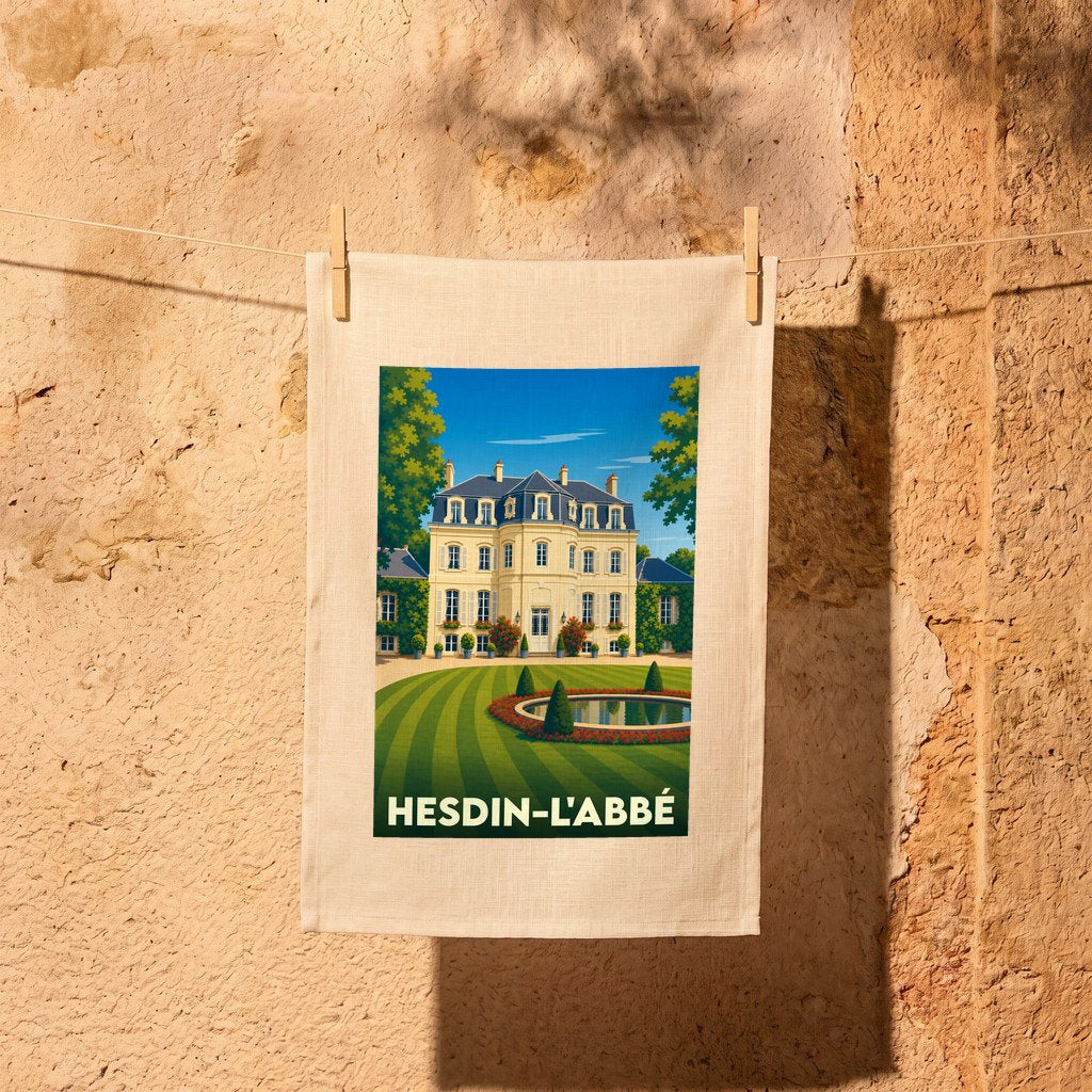 Torchon souvenir de la ville de Hesdin-l'Abbé avec une illustration stylisée d'un manoir.