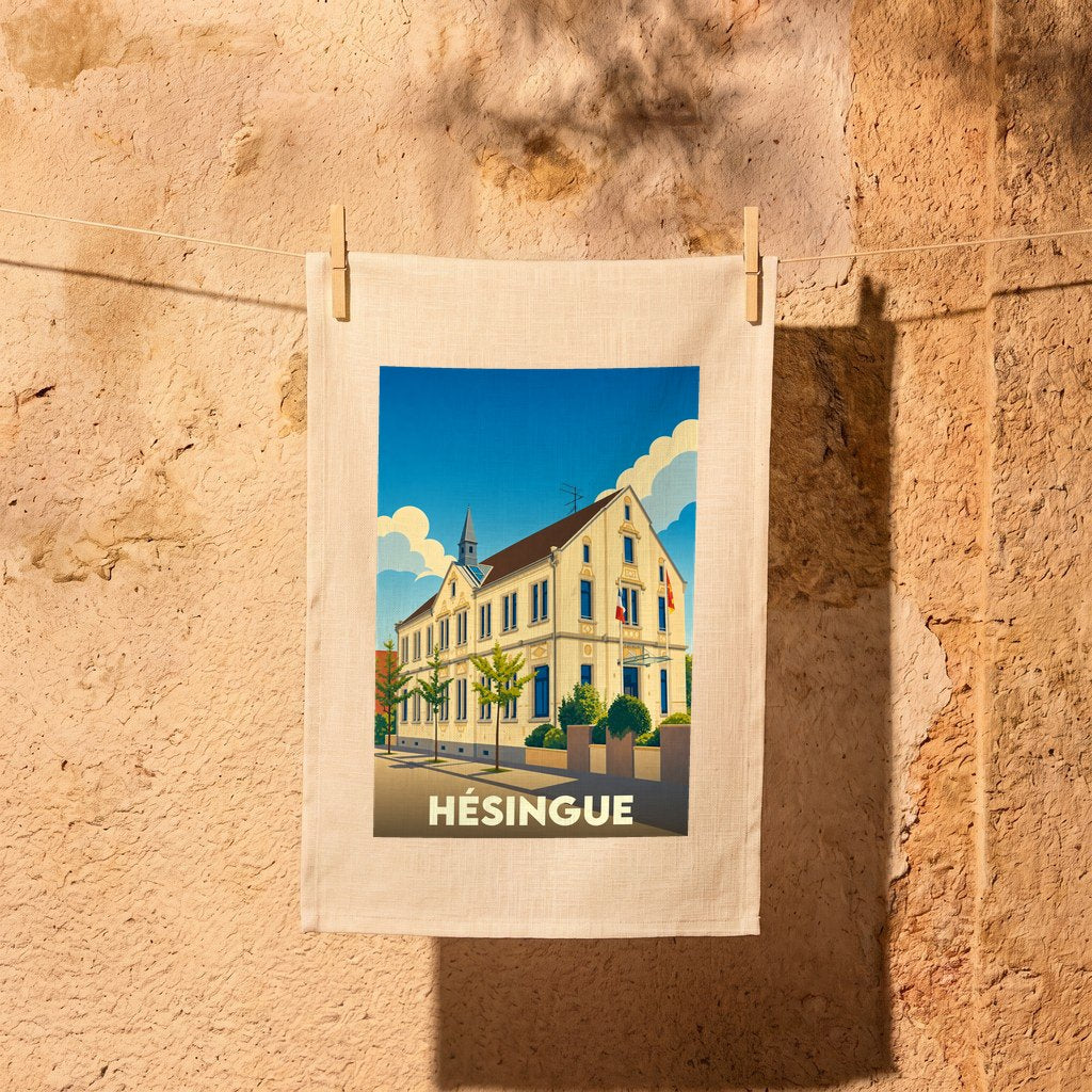 Torchon souvenir de la ville de Hésingue avec une illustration stylisée de sa mairie.