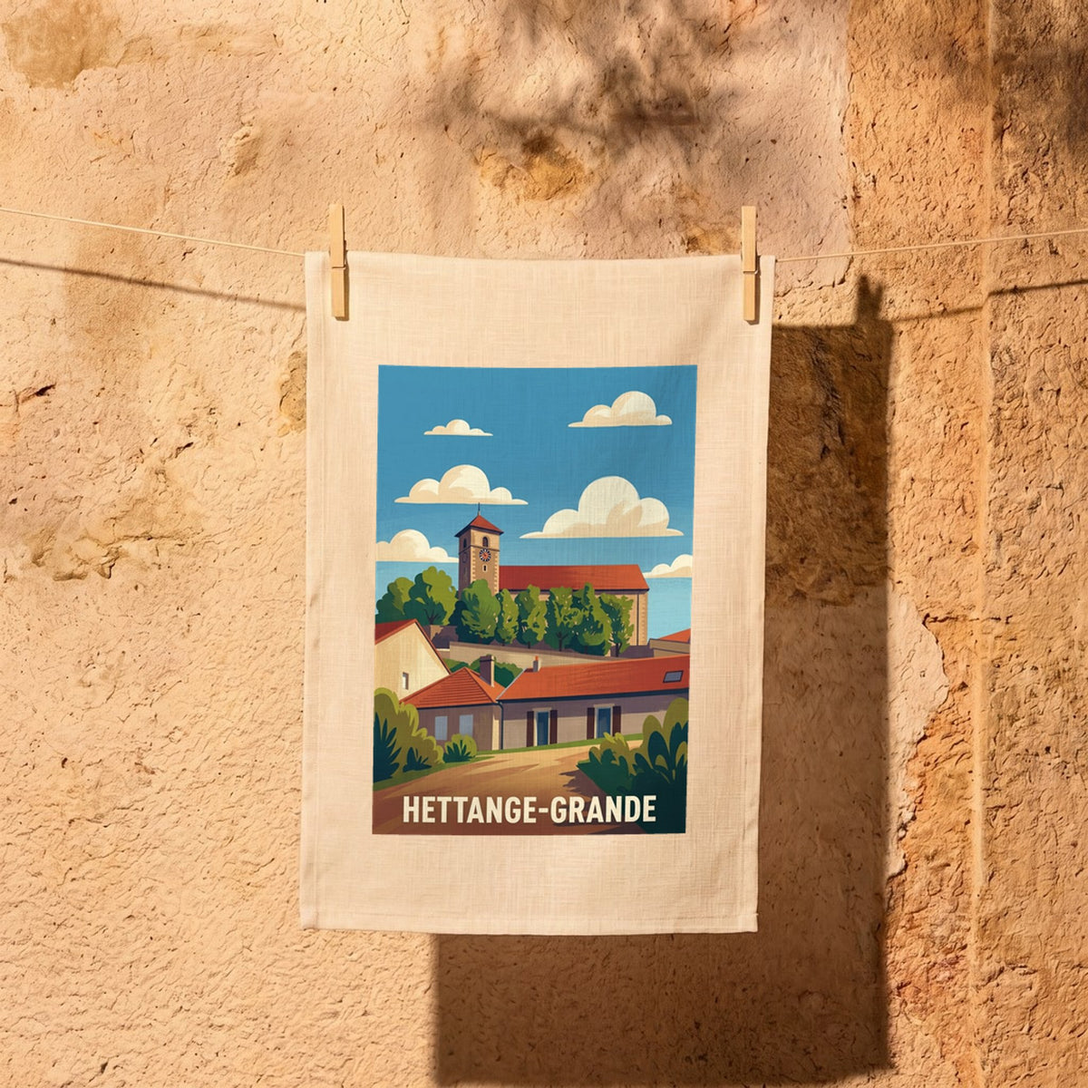 Torchon souvenir de la ville de Hettange-Grande avec une illustration stylisée.