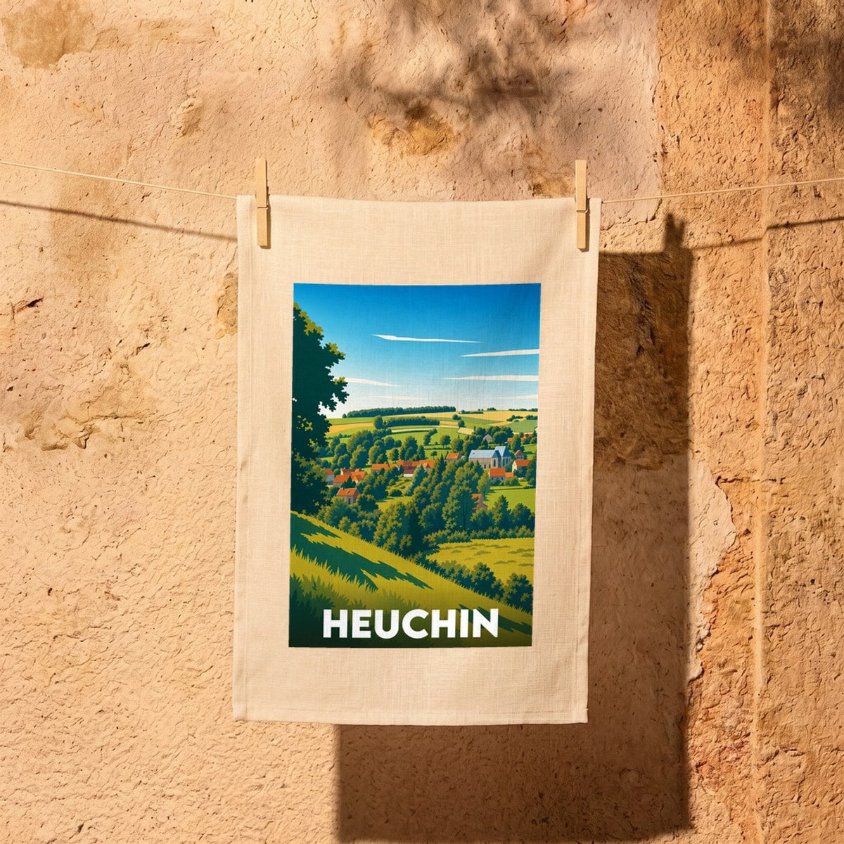 Torchon souvenir de la ville de Heuchin avec une illustration de paysage champêtre stylisée.