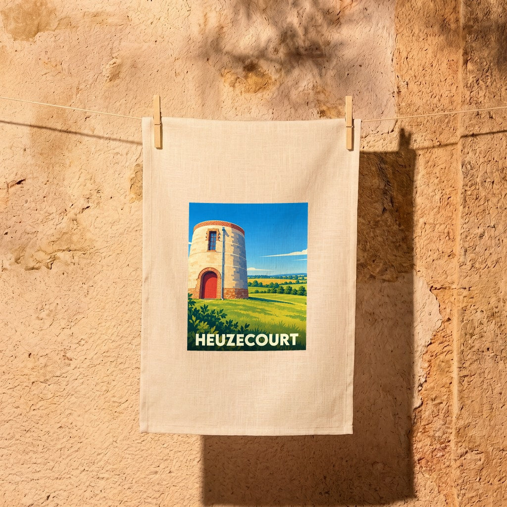 Torchon souvenir de la ville de Heuzecourt orné d'une illustration stylisée de son moulin.
