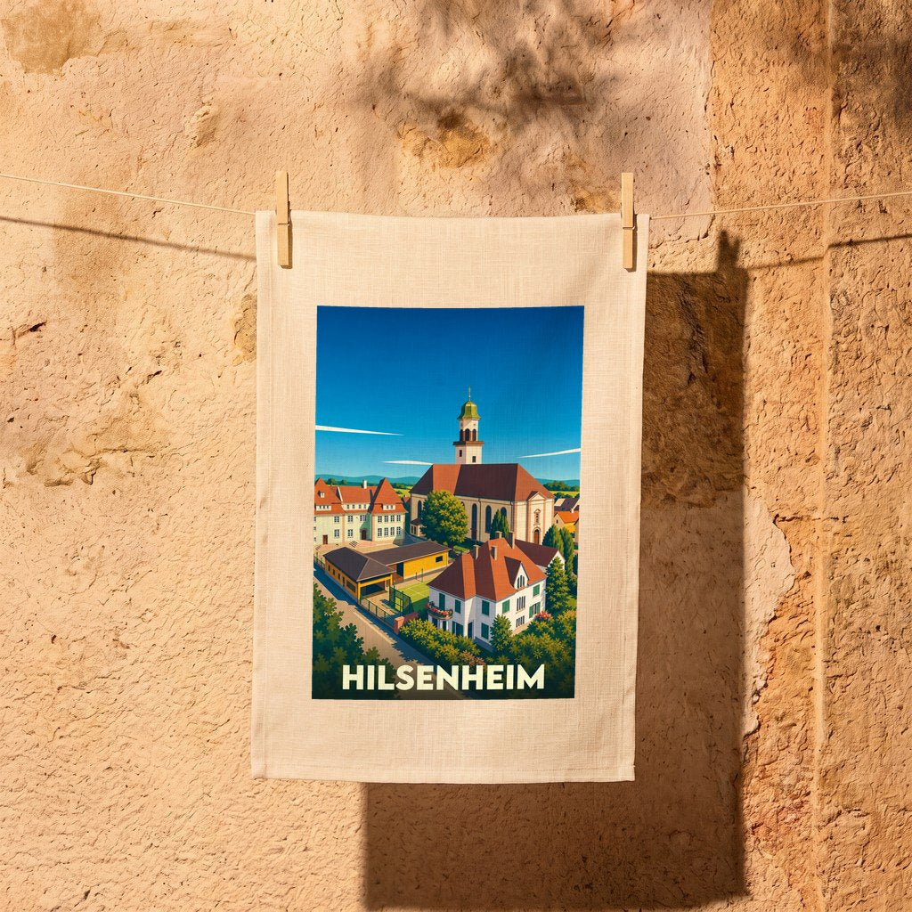 Torchon souvenir de la ville de Hilsenheim avec une illustration stylisée d'un paysage urbain.
