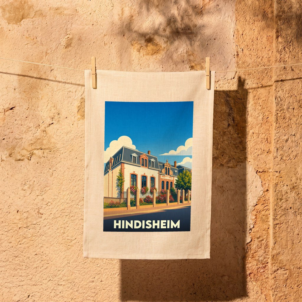 Torchon souvenir de la ville de Hindisheim avec une illustration stylisée d'une maison traditionnelle.