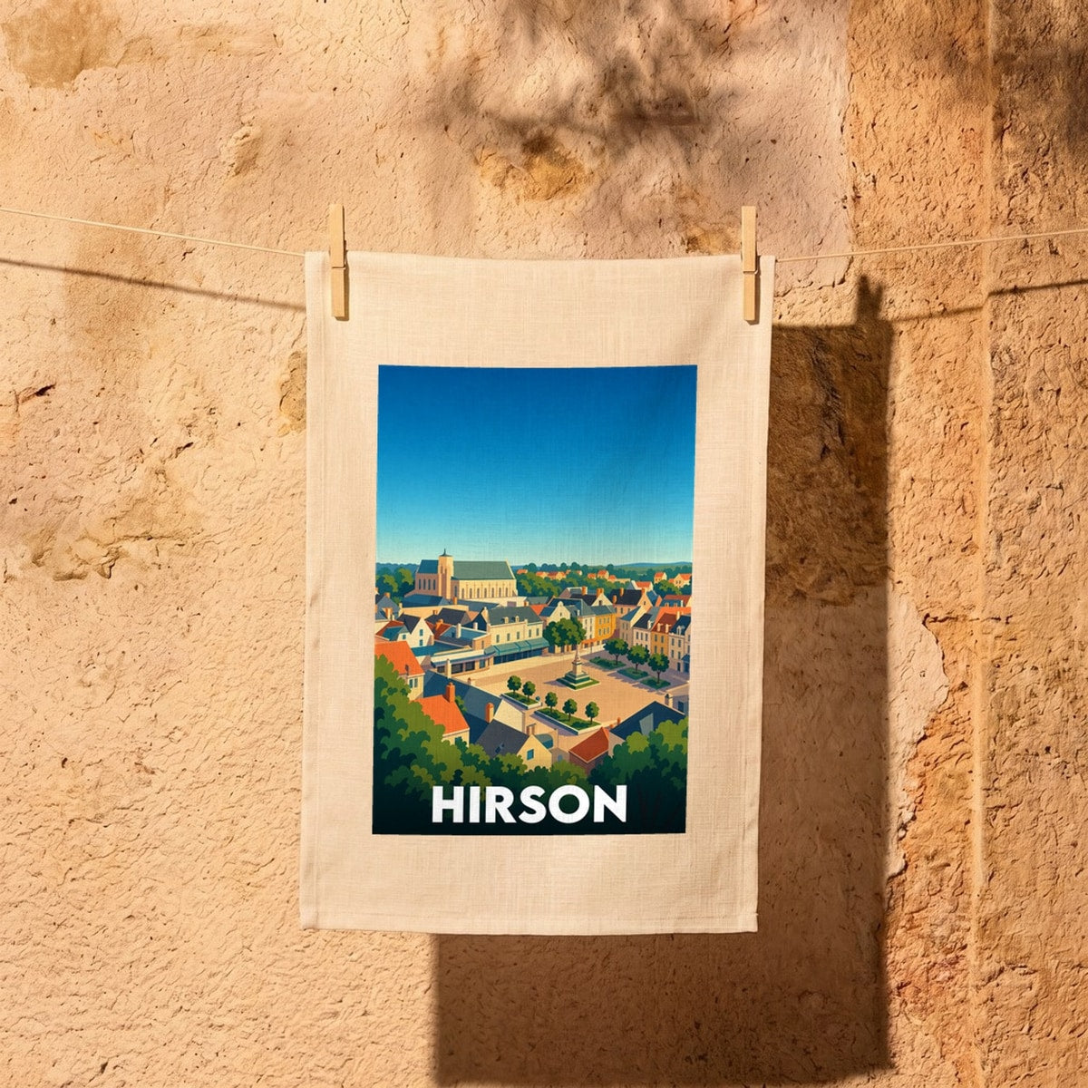 Torchon souvenir de la ville de Hirson avec une illustration stylisée d'une place ensoleillée.
