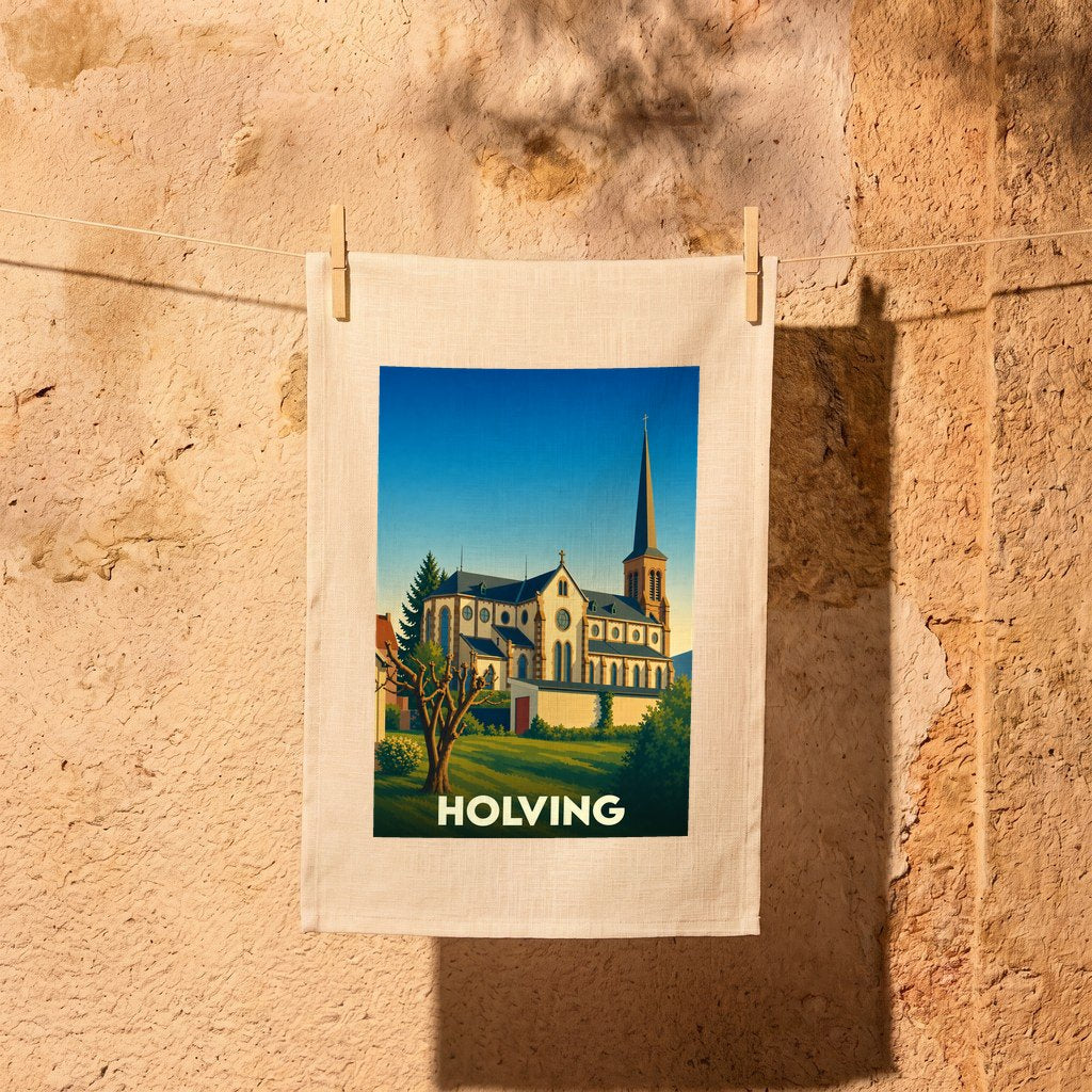 Torchon souvenir de la ville de Holving illustré d'une église de style néogothique dans un paysage ensoleillé.