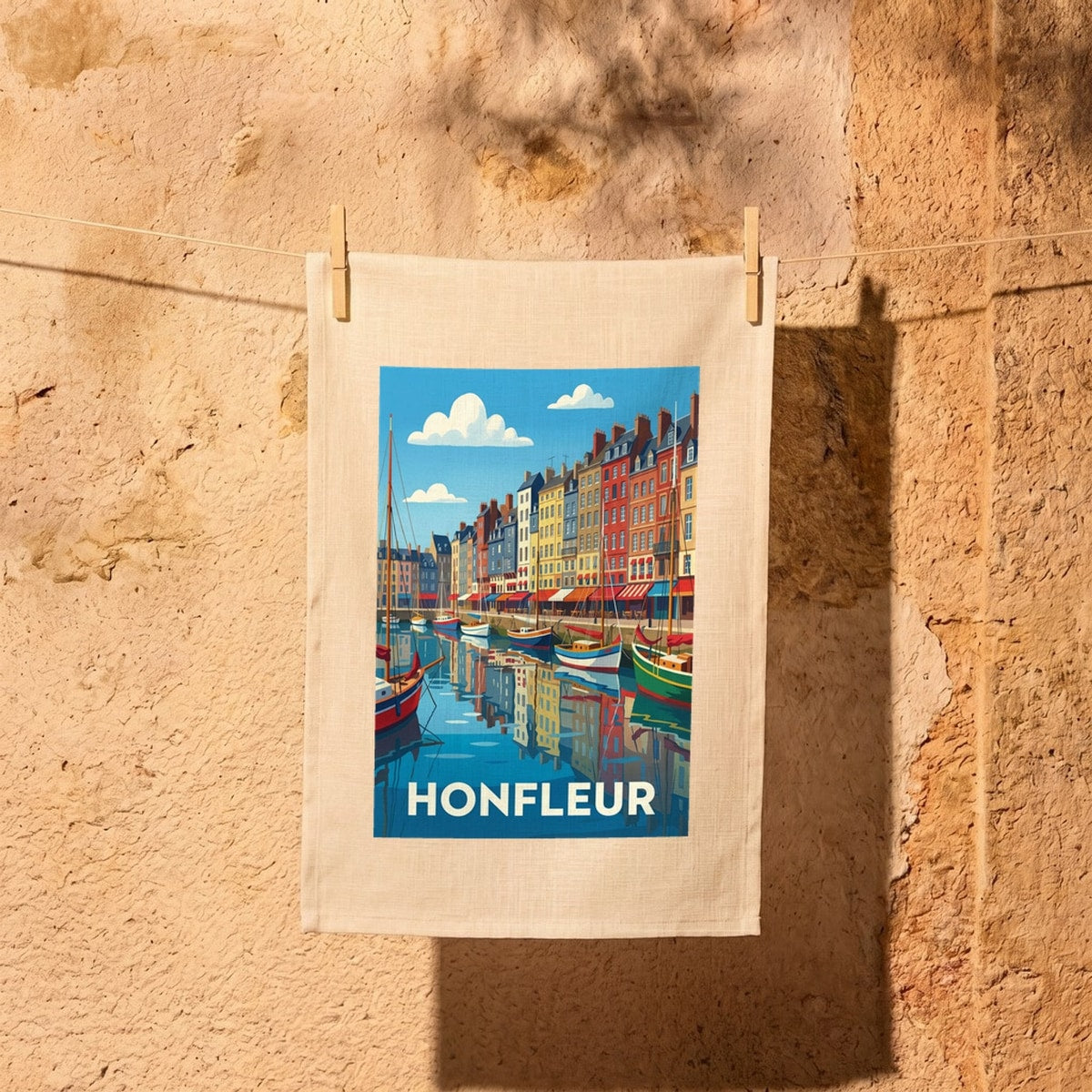 Torchon souvenir de la ville de Honfleur avec une illustration stylisée de son port.