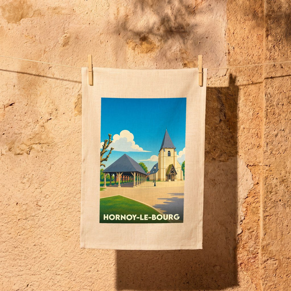 Torchon souvenir de la ville de Hornoy-le-Bourg avec une illustration stylisée de son église et de sa halle.